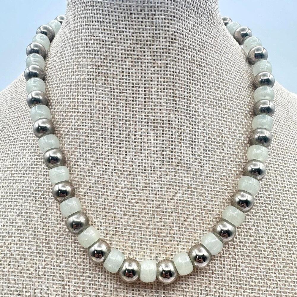 Vintage Silver Tone Metallic Bead Necklace Off White Round Strand Choker Boho